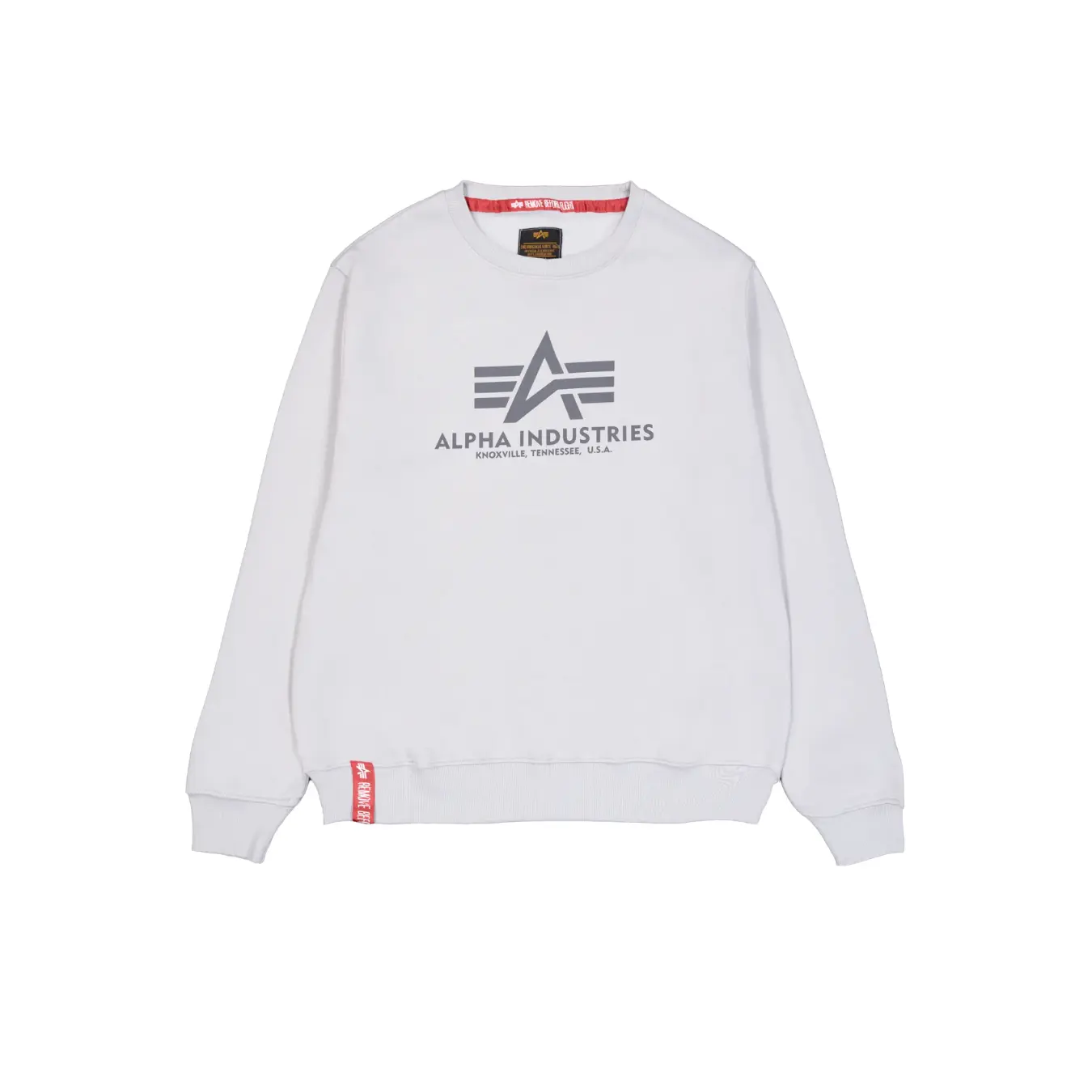 Alpha-Industries-miesten-vaaleanharmaa-collegepaita-logolla