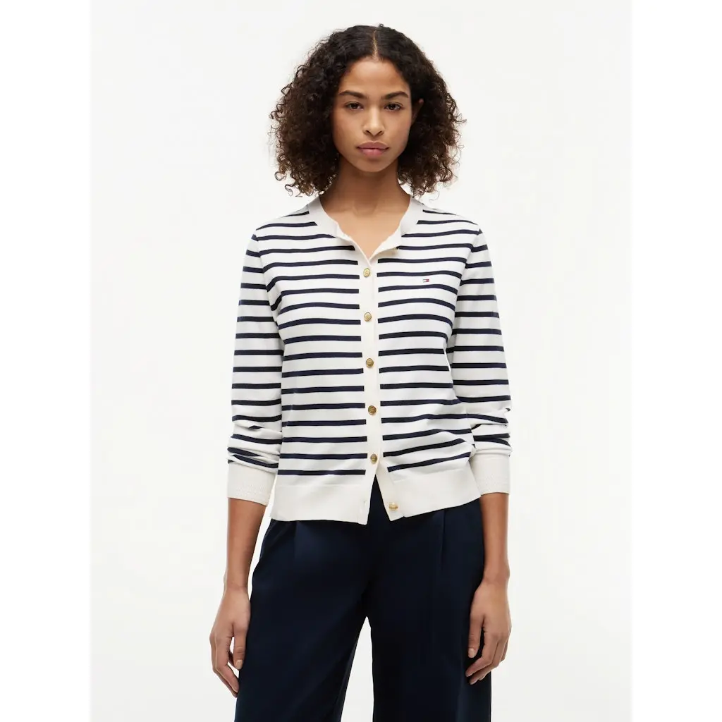 Tommy-Hilfiger-naisten-valko-sininen-raidallinen-nappineuletakki-kultaisilla-napeilla