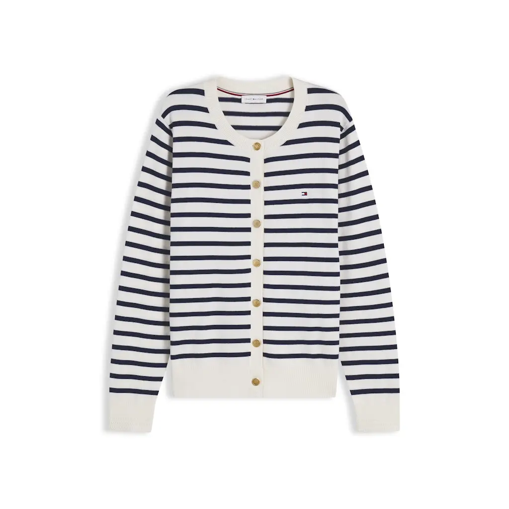 Tommy-Hilfiger-naisten-valko-sininen-raidallinen-nappineuletakki-kultaisilla-napeilla