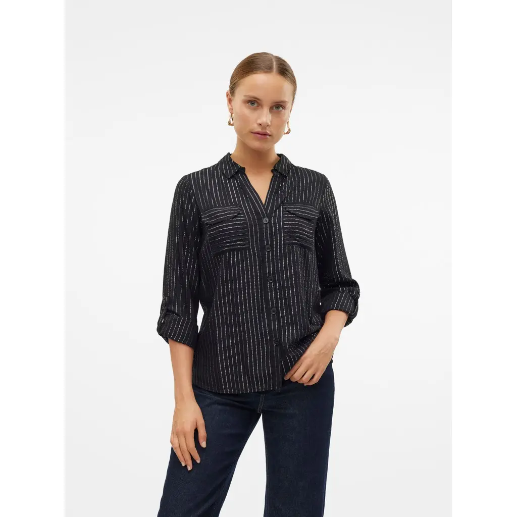 VERO-MODA-naisten-musta-kauluspaita-hopealla-glitteriraidalla