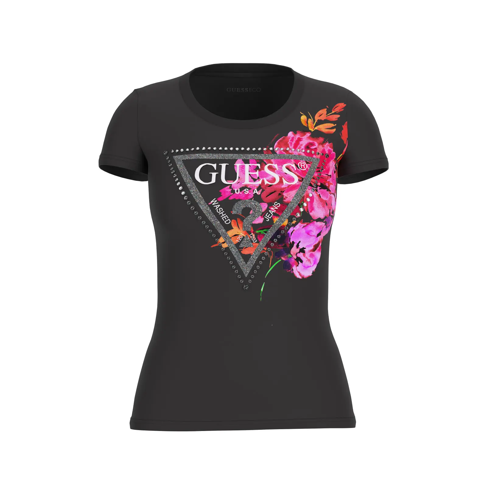 Guess_naisten-musta-t-paita-guessin-logolla-ja-kukkaprintilla_traingle-pioni-t-paita_W4BI23_J1314_JBLK