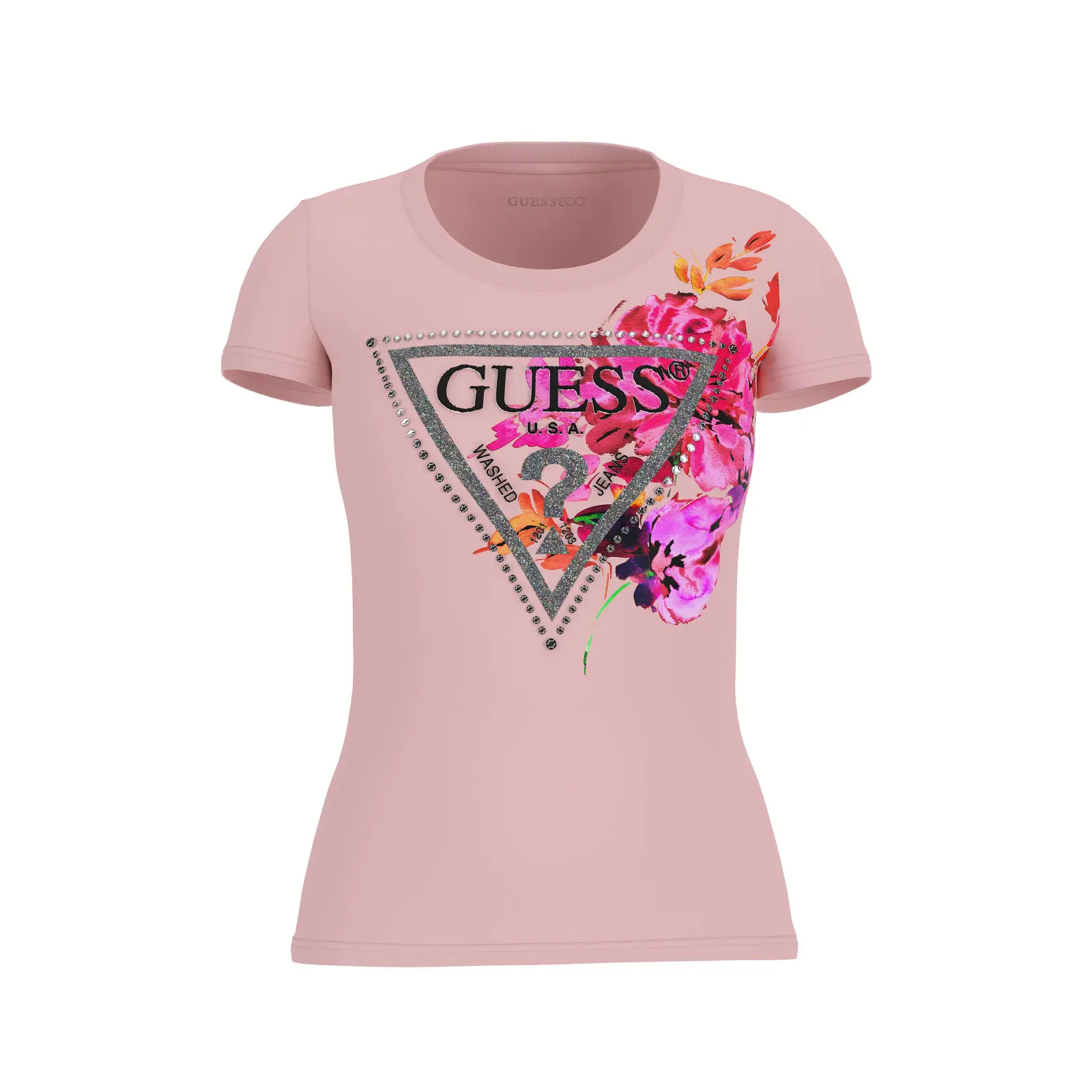 Guess_naisten-pinkki-t-paita-guessin-logolla-ja-kukkaprintilla_triangle-pioni-t-paita