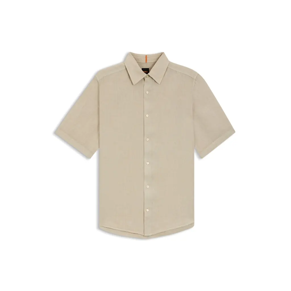 BOSS_miesten-beige-lyhythihainen-pellavapaita-kauluksilla
