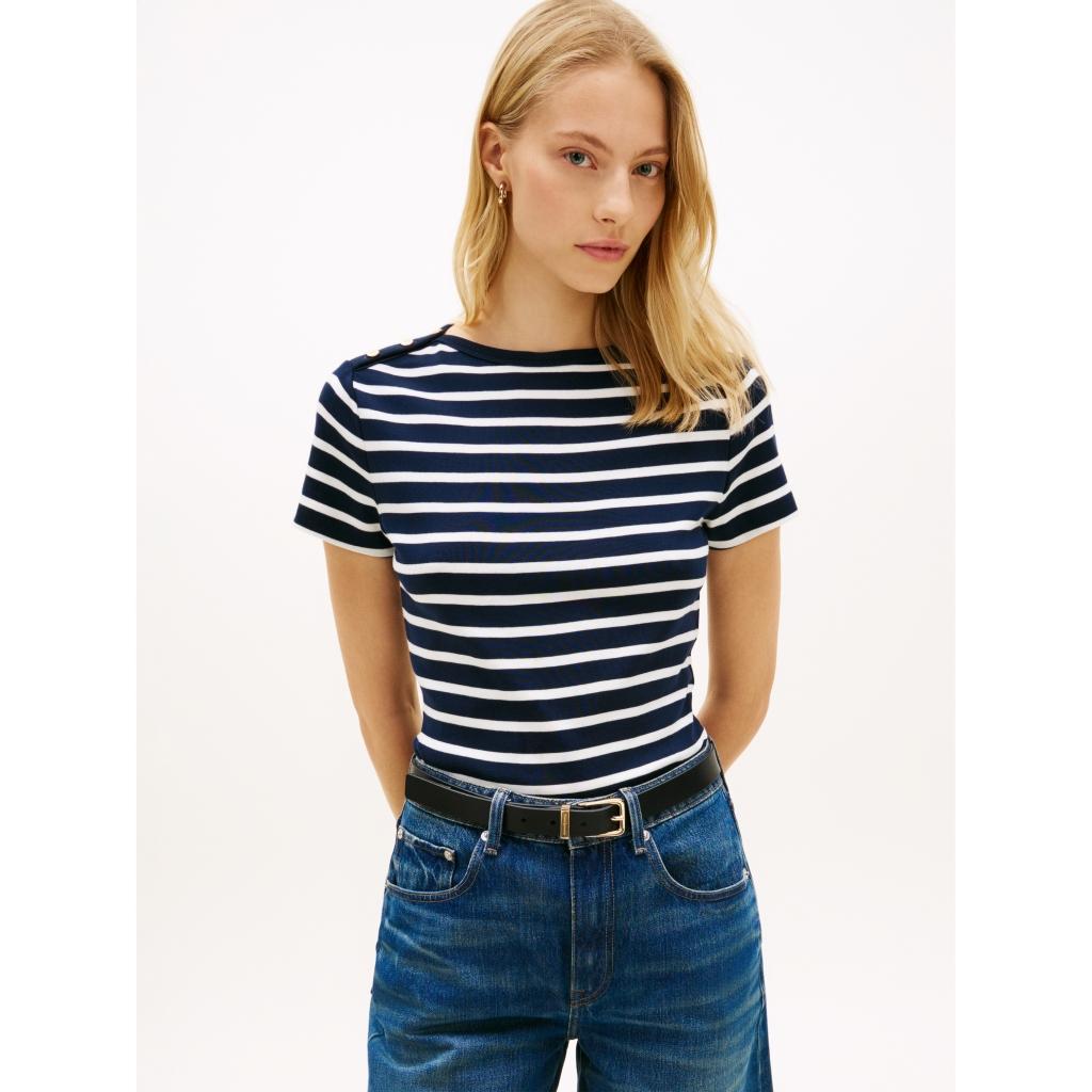 Tommy-Hilfiger_naisten-sinivalkoraidallinen-t-paita-koristenapein