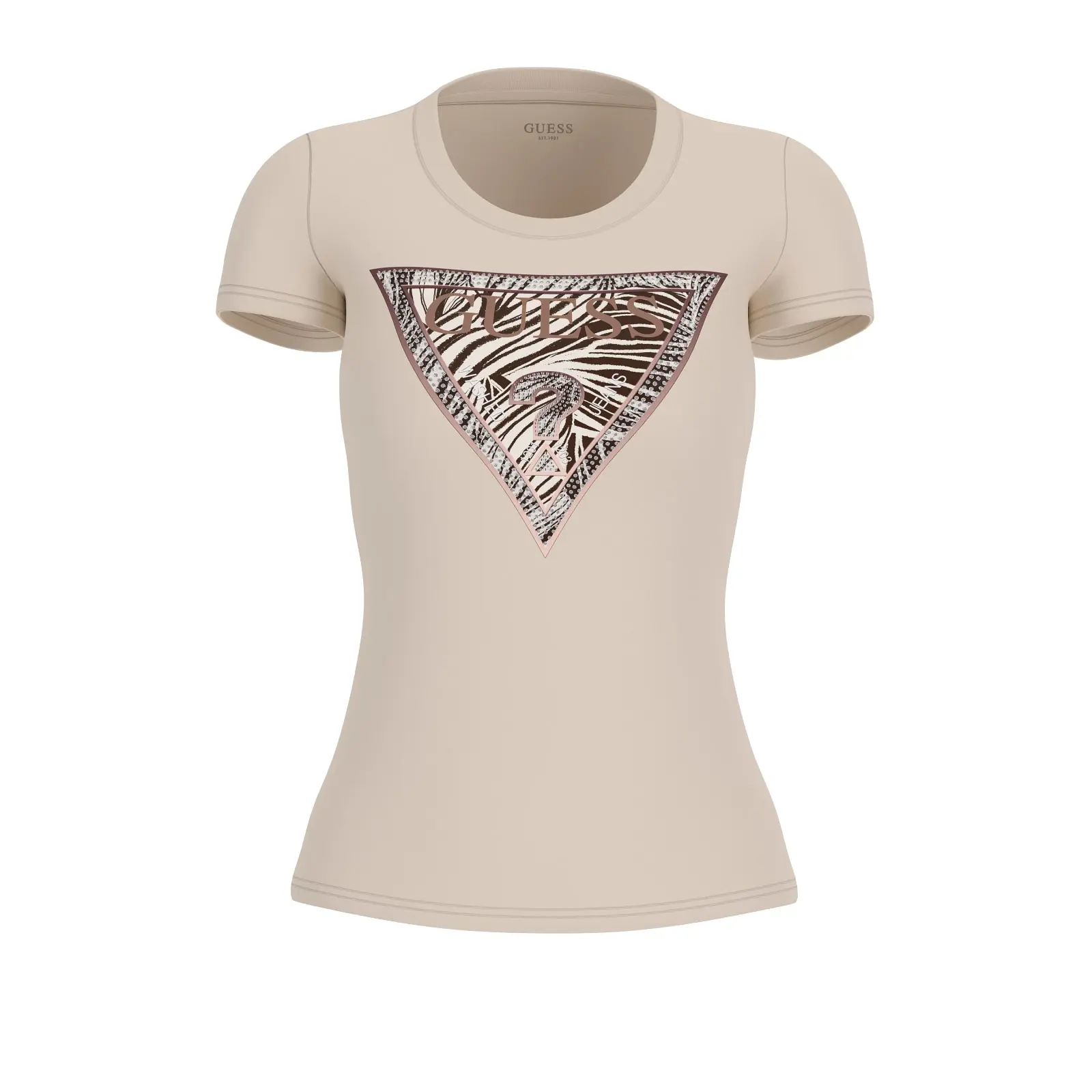 Guess_beige-naisten-tykoistuva-logot-paita-seeprakuviolla-ja-strasseilla