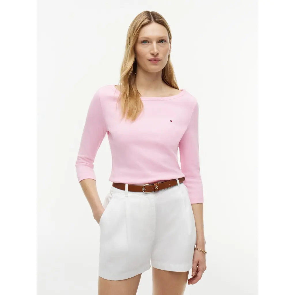 Tommy-Hilfiger_naisten-vaaleanpunainen-trikoopaita-venepaantiella-ja-34-hihalla