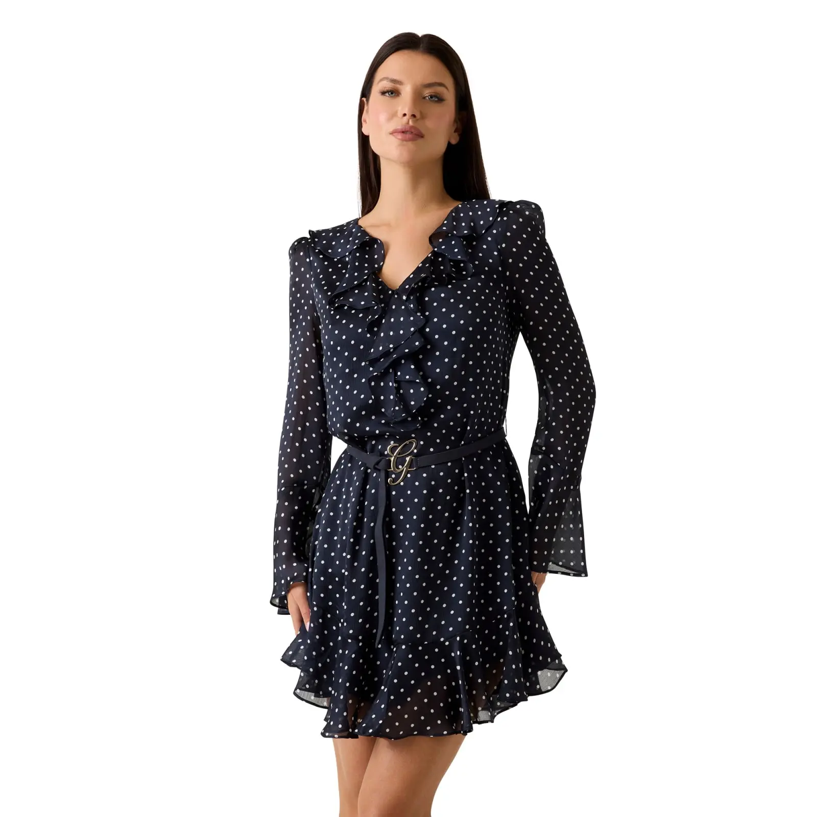 Guess-tummansininen-pilkullinen-sifonkimekko-royhelopaantiell-ja-koristevyolla_
