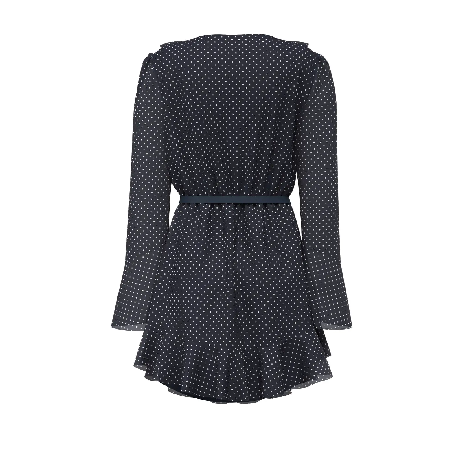 Guess-tummansininen-pilkullinen-sifonkimekko-royhelopaantiell-ja-koristevyolla_