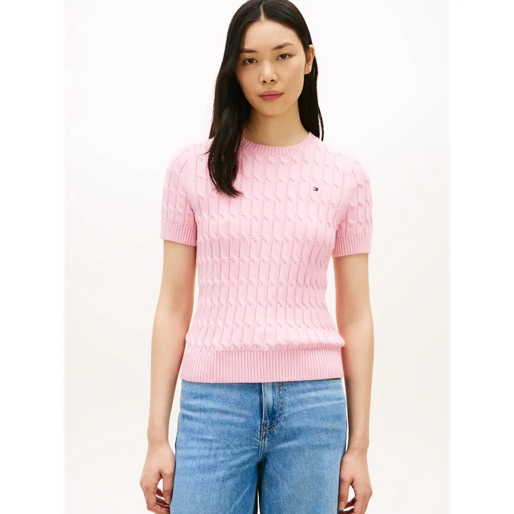 Tommy-Hilfiger-naisten-pinkki-palmikkoneule-lyhythihaisena