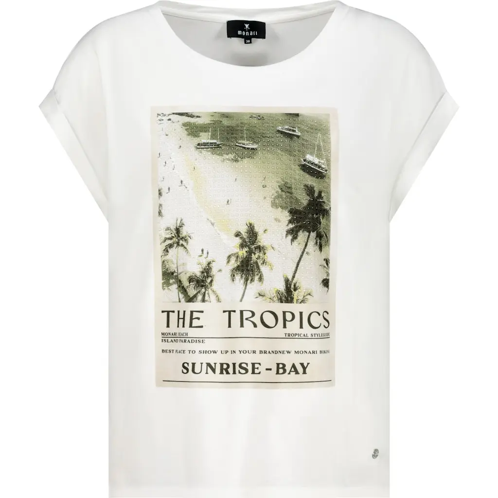 monari_naisten-valkoinen-puuvilla-t-paita-tropic-printilla