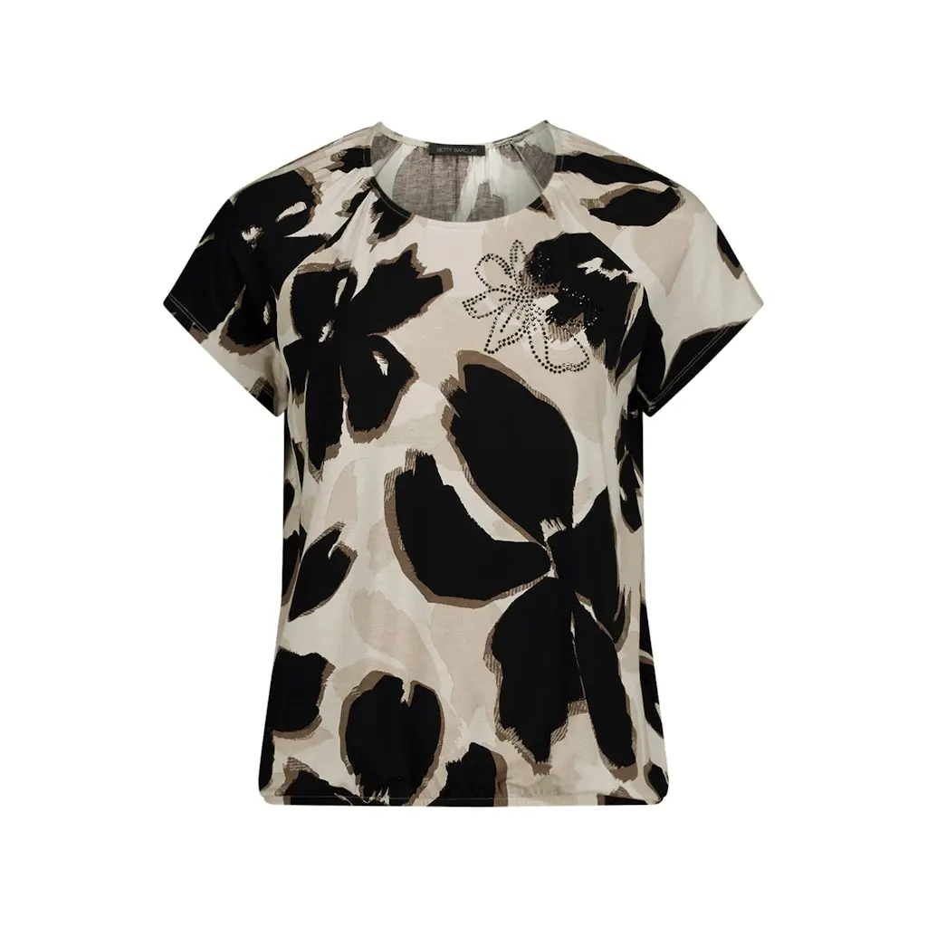 BETTY-BARCLAY-naisten-beige-ruskea-musta-kukkakuvioinen-printtipaita-strassikoristeella