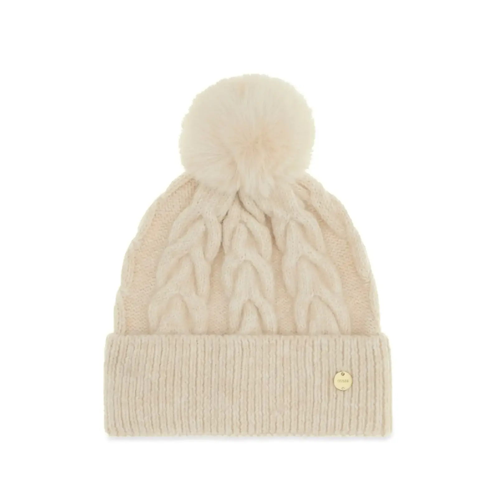 Guess-beige-naisten-neulepipo-tupsulla