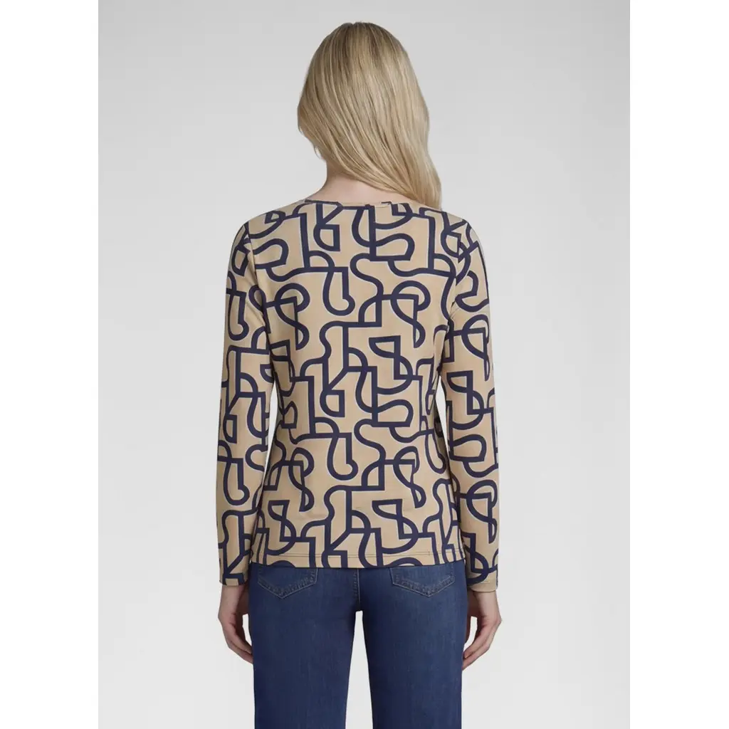 RABE-naisten-kuviollinen-sini-beige-trikoopaita