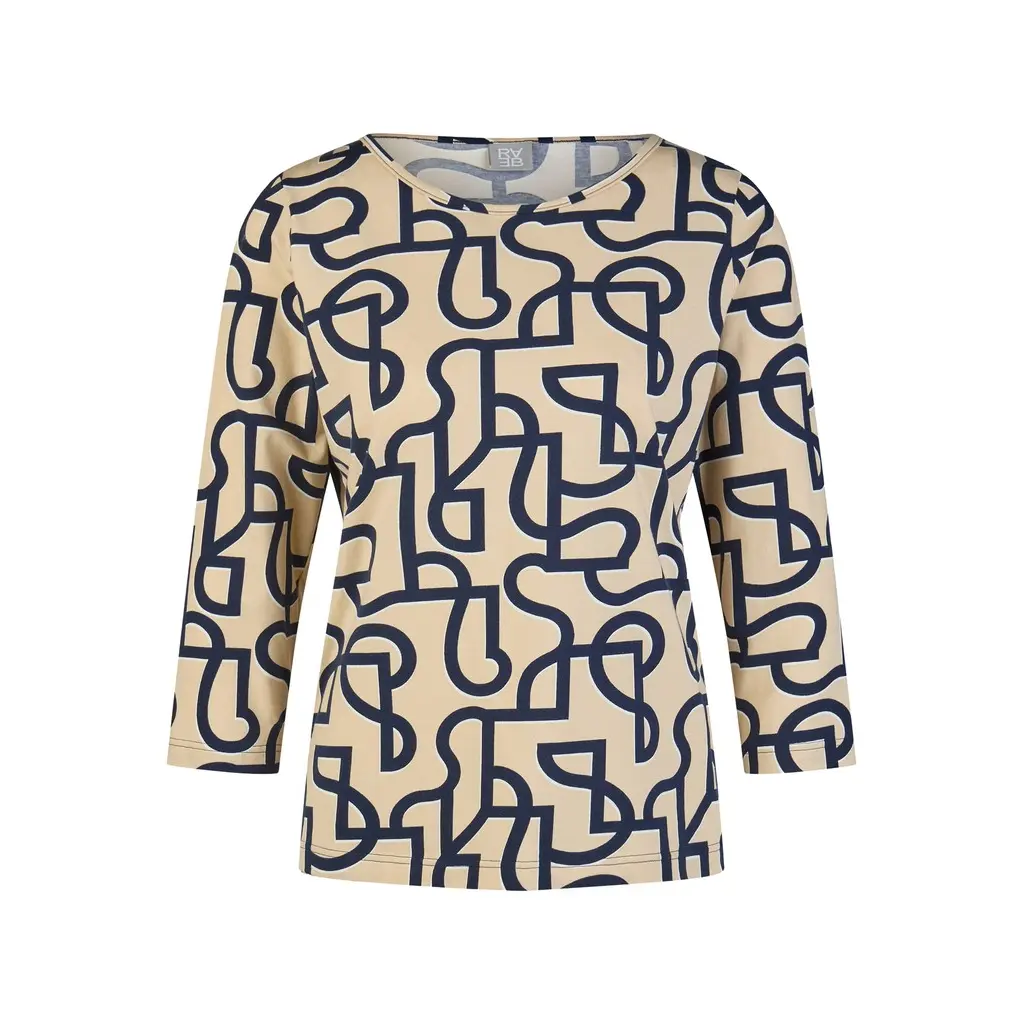RABE-naisten-kuviollinen-sini-beige-trikoopaita