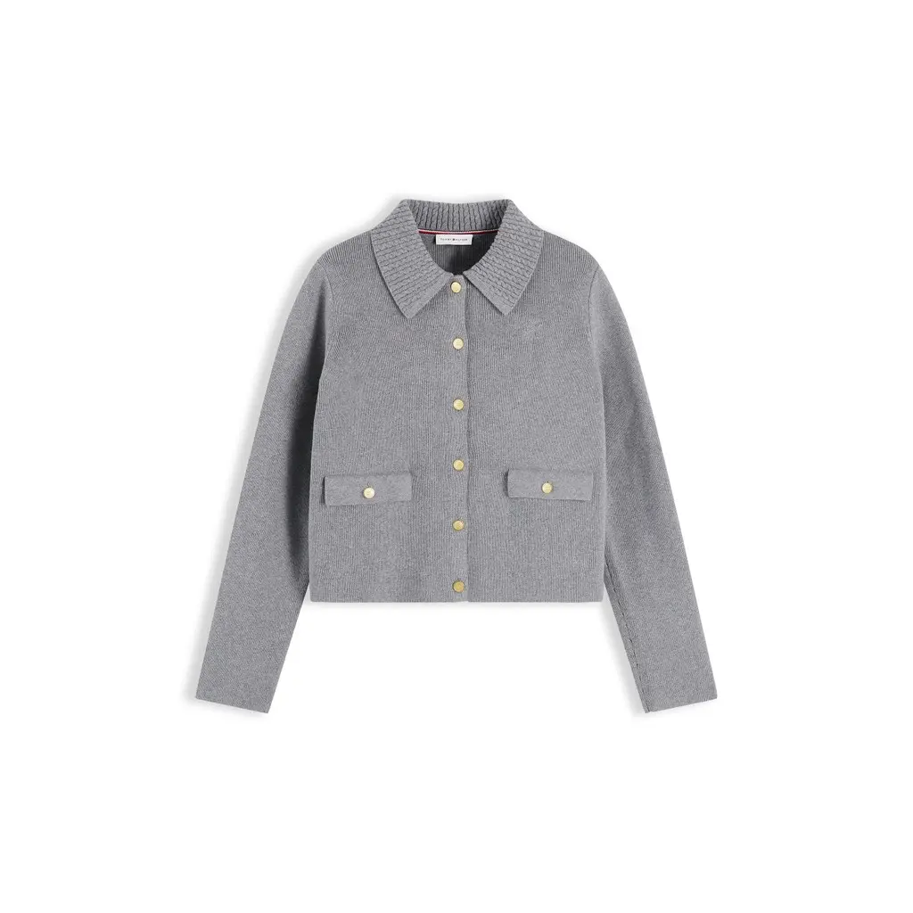 Tommy-Hilfiger-vaaleanharmaa-naisten-neulejakku-kauluksilla