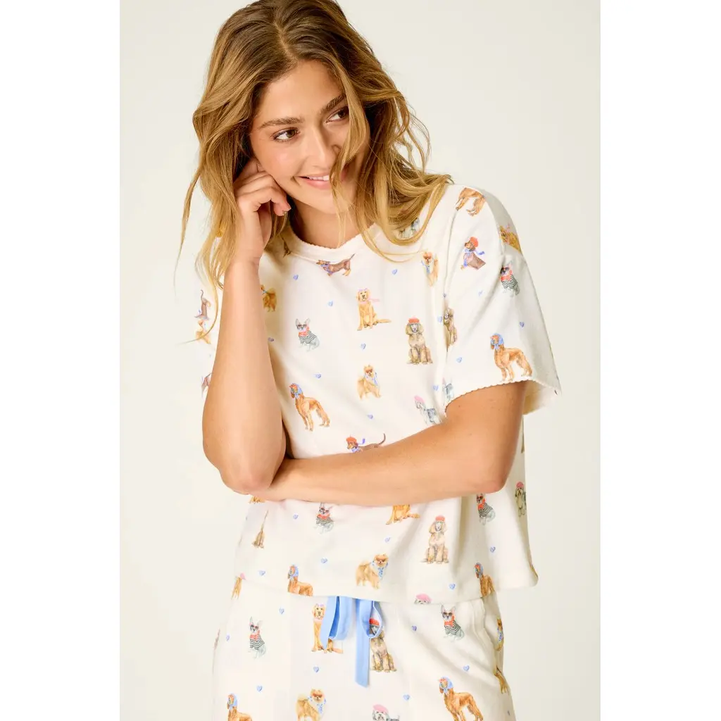 PJ-Salvage-naisten-luonnonvalkoinen-lyhythihainen-koiraprintti-pyjamapaita