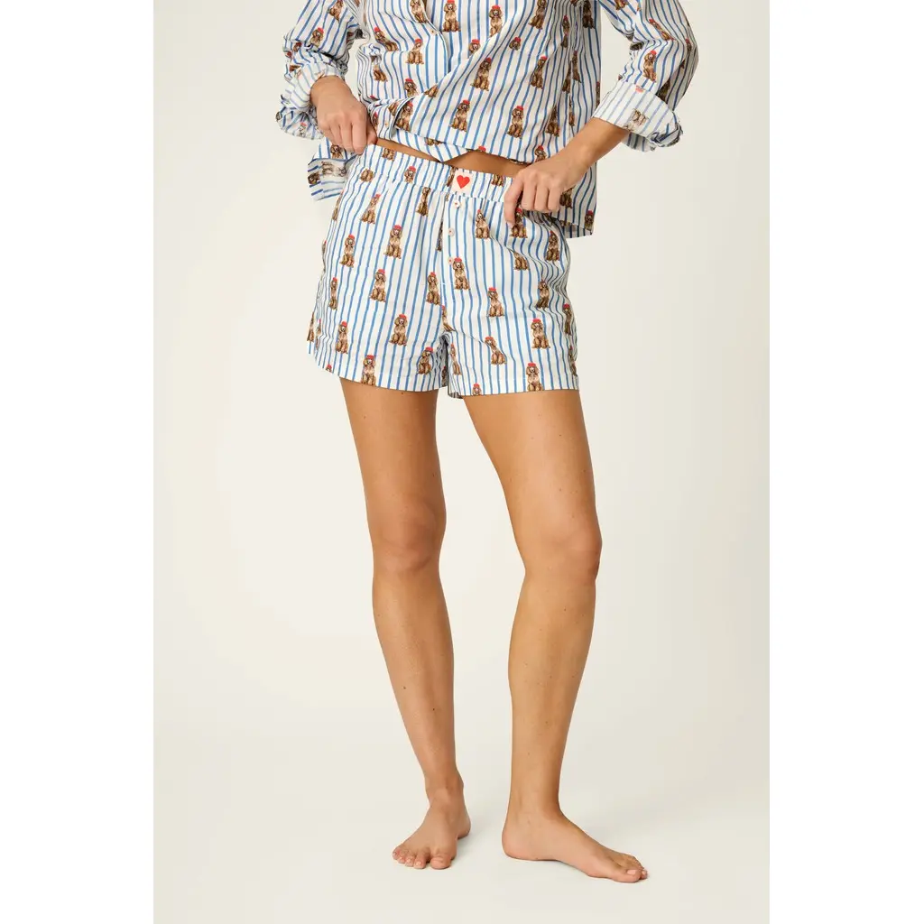 PJ-Salvage-naisten-raidalliset-lyhyet-pyjamashortsit-koiraprintilla