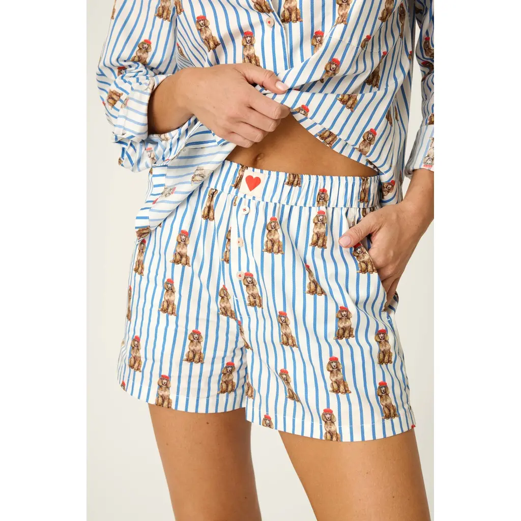 PJ-Salvage-naisten-raidalliset-lyhyet-pyjamashortsit-koiraprintilla