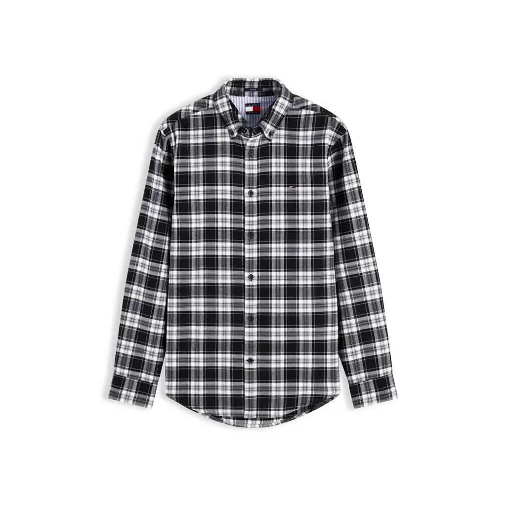 Tommy-Jeans-miesten-musta-valkoinen-pehmea-puuvillainen-flanellipaita-ruuduilla