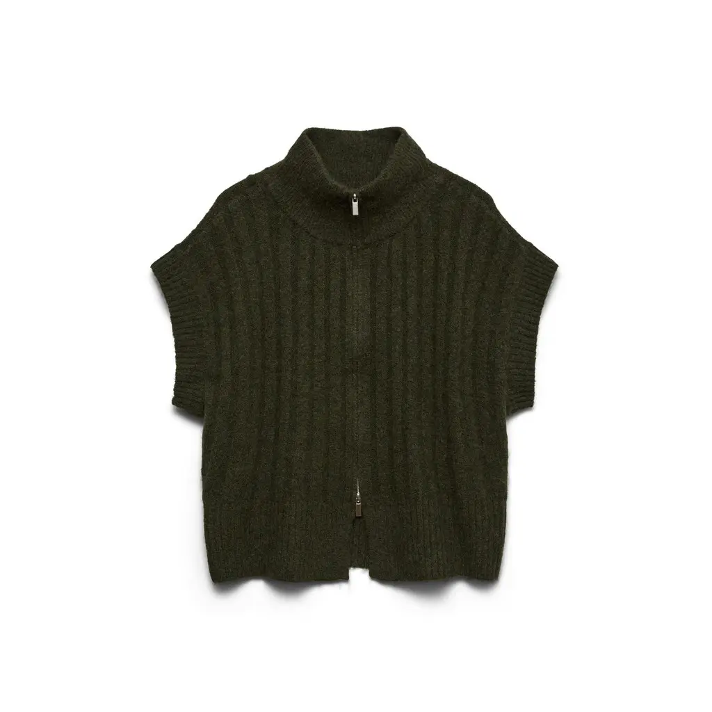 VERO-MODA-tumman-vihrea-naisten-vetoketjullinen-neuleliivi-holkkihihalla