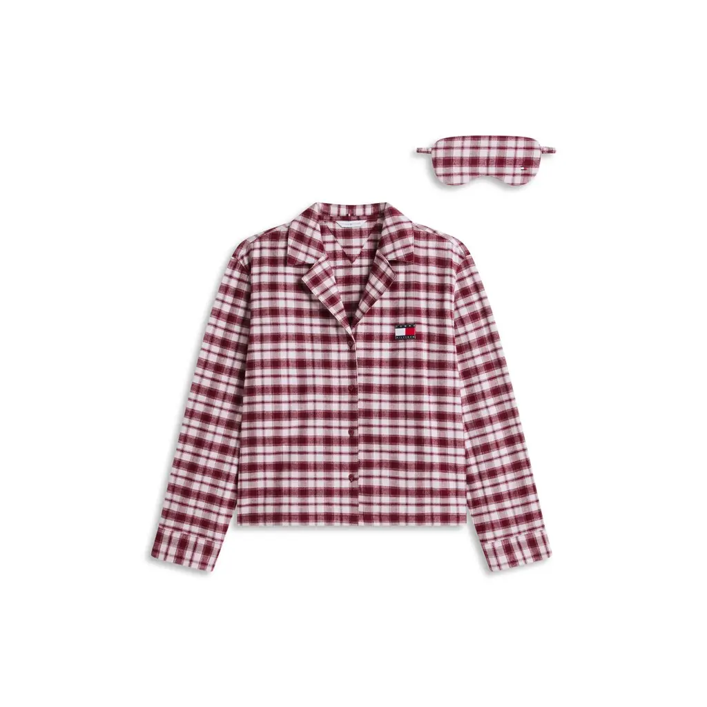Tommy-Hilfiger-nasiten-viininpunainen-ruudullinen-shortsipyjamasetti-unimaskilla
