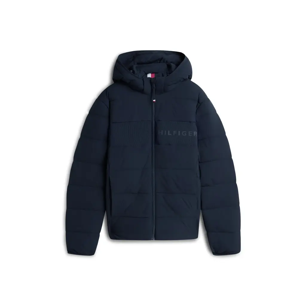 Tommy-Hilfiger-tummansininen-toppatakki-vetoketjukiinnityksella-ja-kiintealla-hupulla