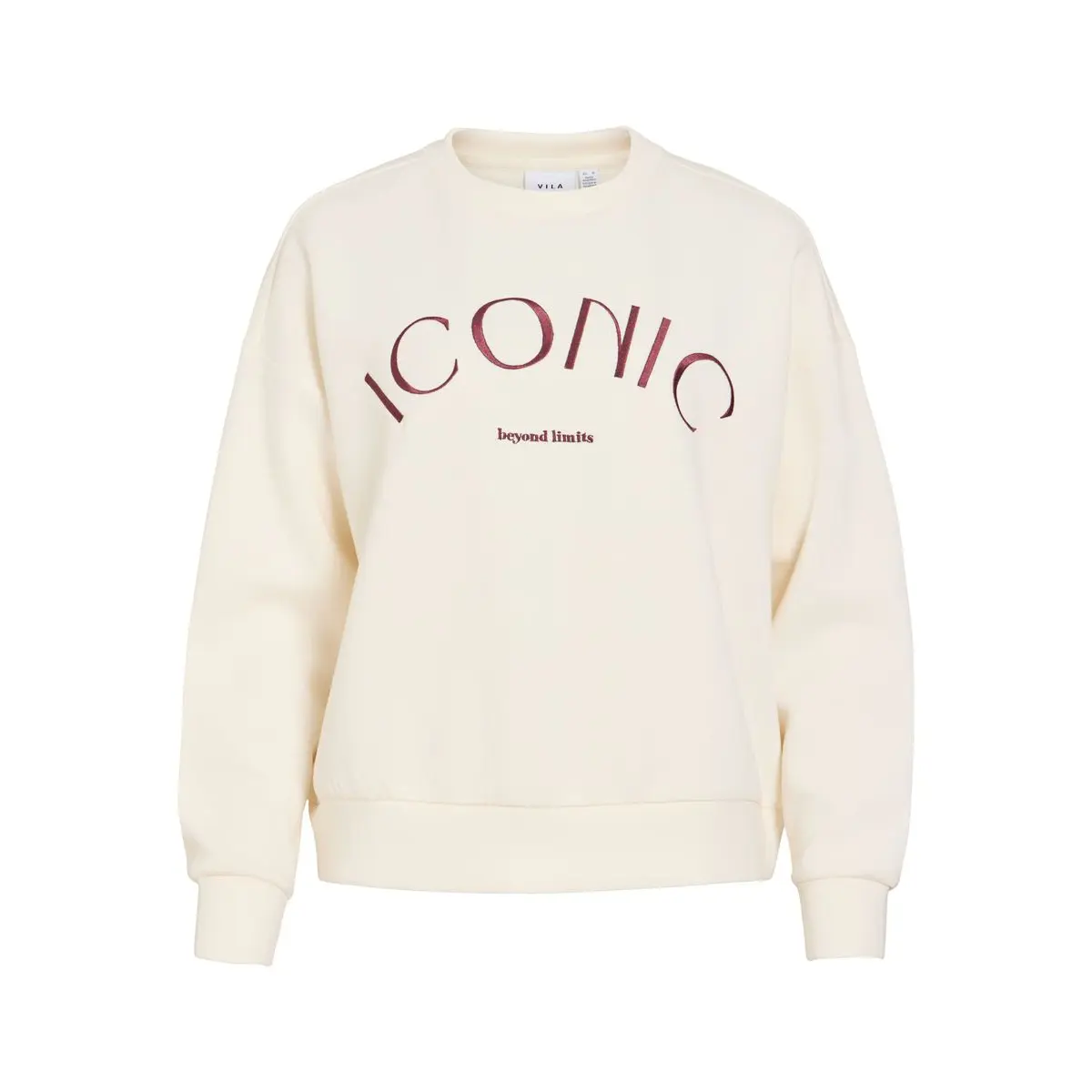 VIla-rento-naisten-valkoinen-collegepaita-iconic-tekstilla